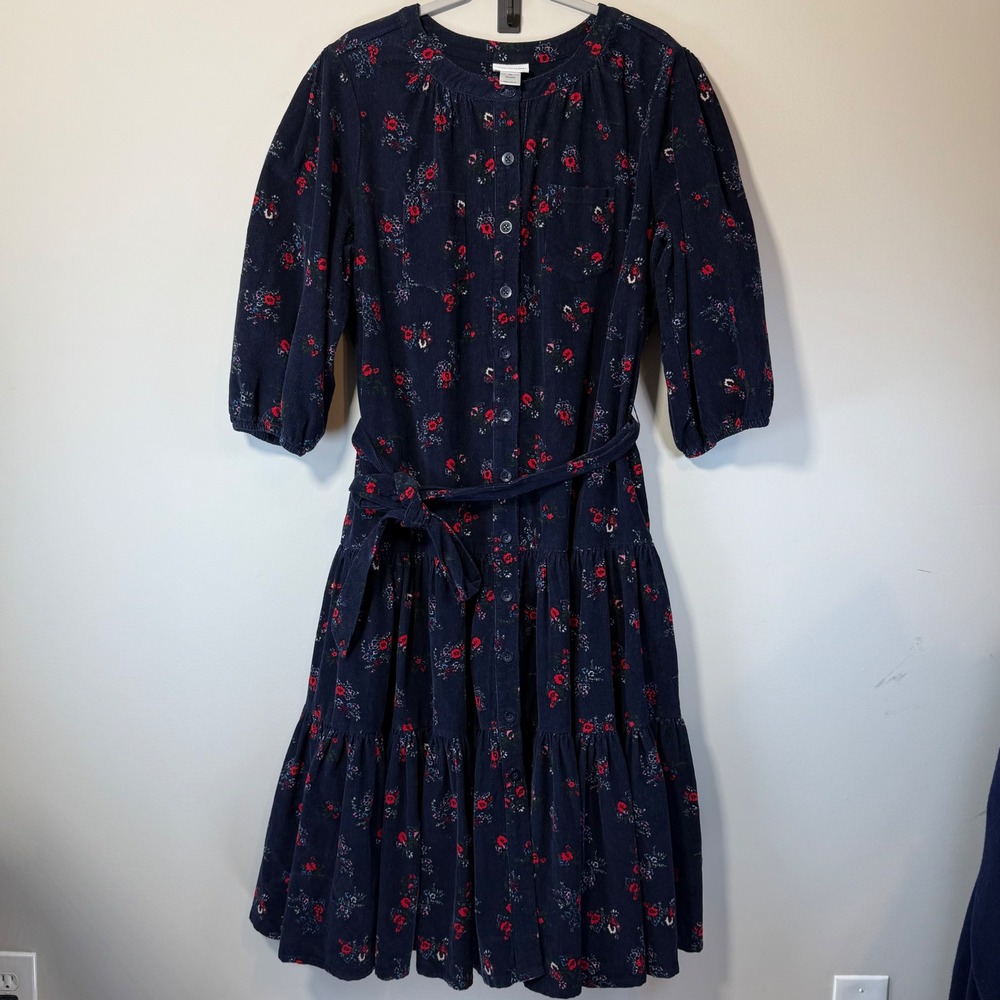 Vermont Country Store Dress Women's‎ XL Corduroy Floral Cottage Core Boho Blue